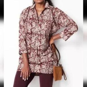 J Jill PureJill Organic Cotton Floral Popover Tunic sz SP Burgundy Nature Whimsy